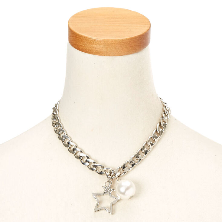 Silver-Tone Chunky Chain Necklace with Star & Pearl Charms,
