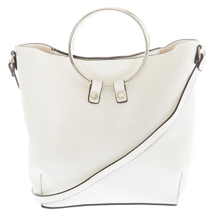 White Mini Faux Leather Ring Detail Tote Bag,