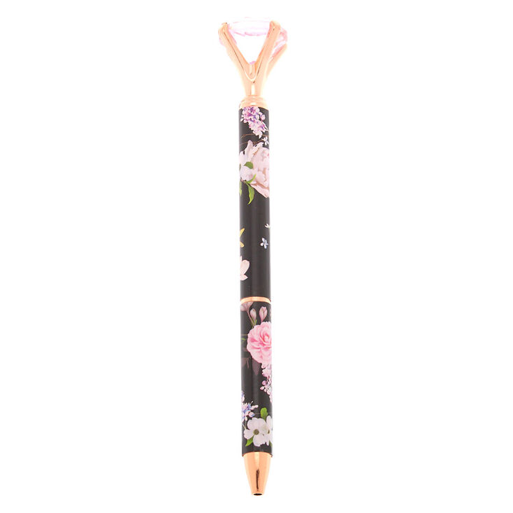 Rose Gold Floral Diamond Top Pen - Black,