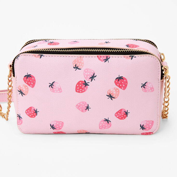 Pink Strawberry Print Camera Crossbody Bag