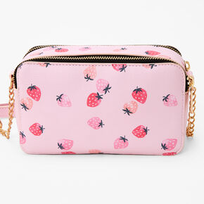 Pink Strawberry Print Camera Crossbody Bag,