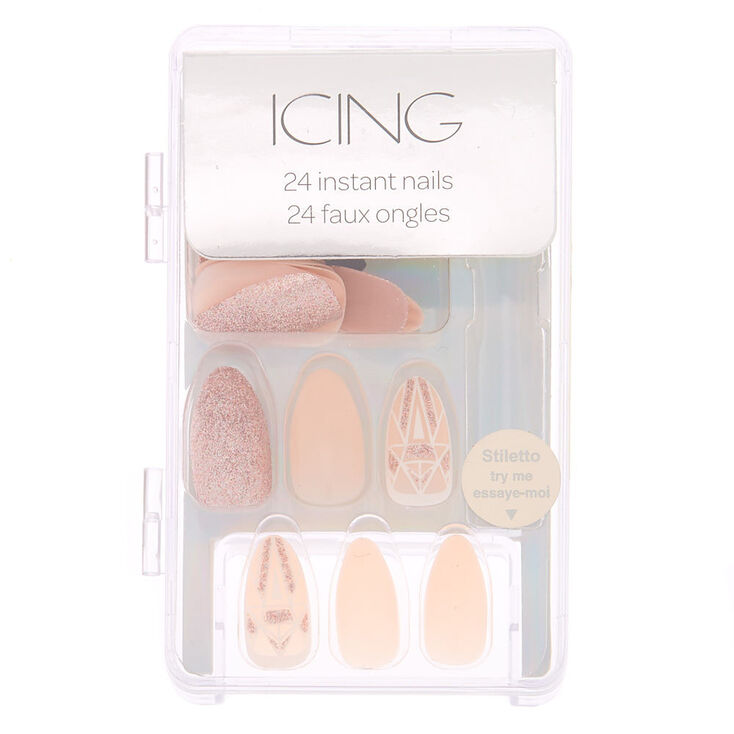 Glitter Geometric Faux Nail Set - Pink, 24 Pack,
