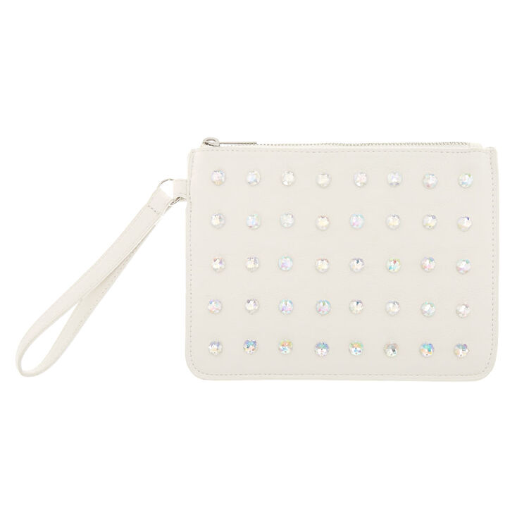 White Crystal Faux Leather Wristlet,