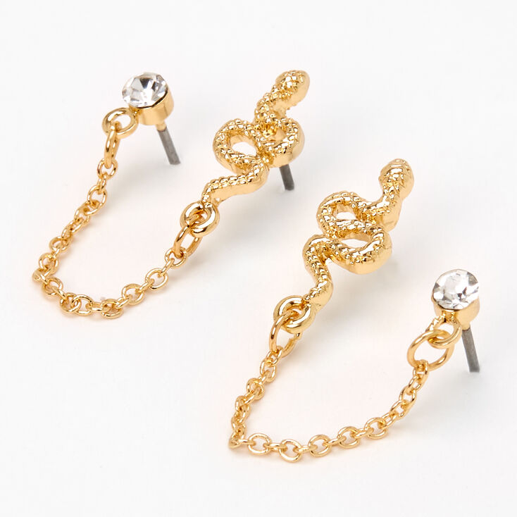 Gold Snake Crystal Connector Chain Stud Earrings,