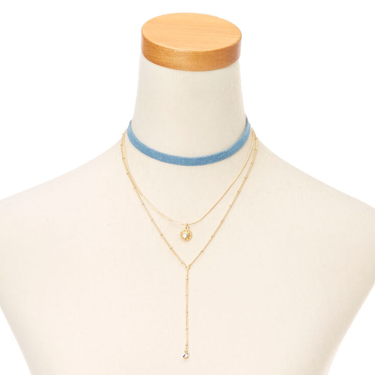 Three Pack Denim & Gold Choker Necklaces,