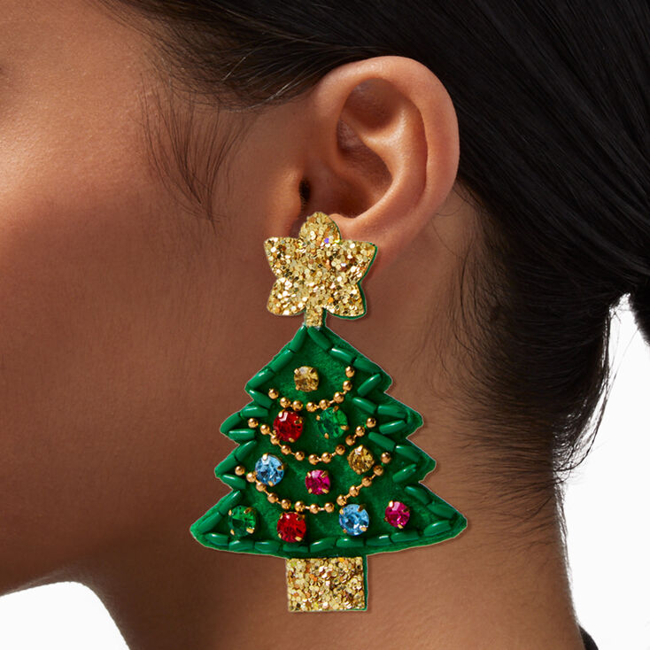 Gemstone &amp; Glitter Christmas Tree 3&quot; Drop Earrings,