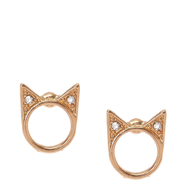 Gold-Tone Halo Cat Stud Earrings,