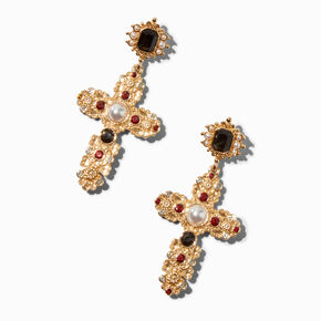 Gold-tone Embellished Cross 2.5&quot; Drop Earrings,