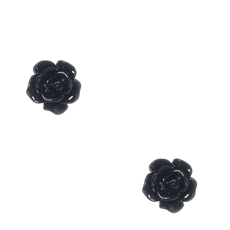Black Glittered Carved Rose Stud Earrings,