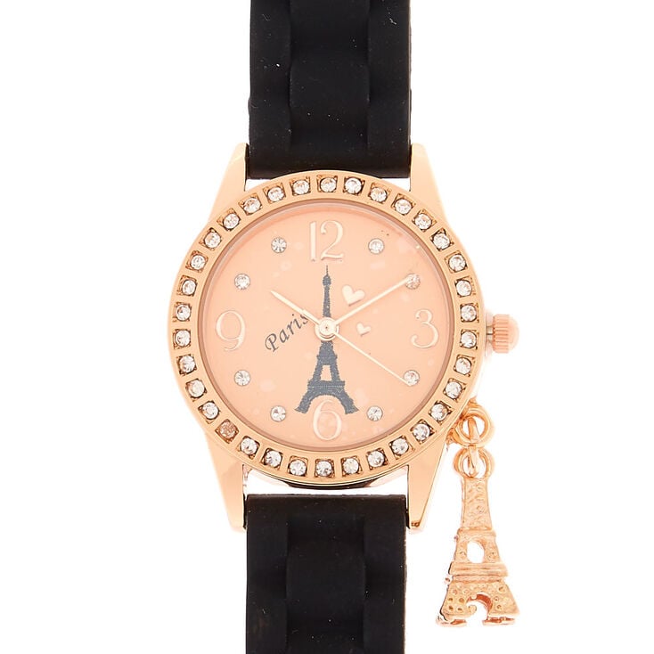 Rose Gold Paris Charm Rubber Watch - Black,
