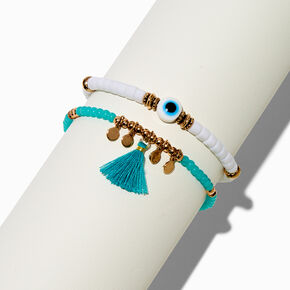 Turquoise Tassel Evil Eye Beaded Stretch Bracelet Set - 2 Pack,