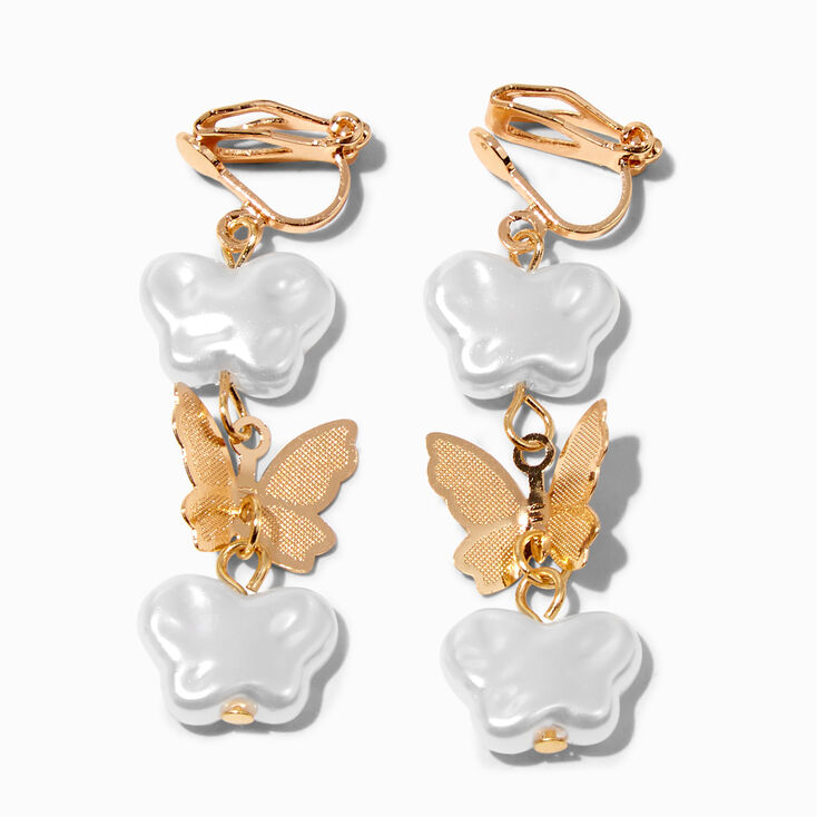 Gold-tone Pearl Butterfly 1.5&quot; Clip-On Drop Earrings,