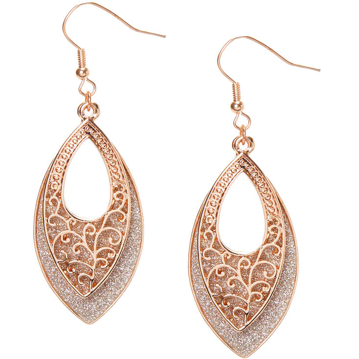 Rose Gold 2" Glitter Filigree Drop Earrings,