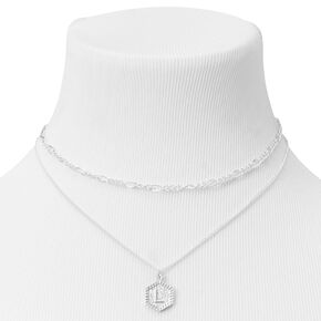Silver Initial Hexagon Pendant Chain Necklace Set - 2 Pack, L,