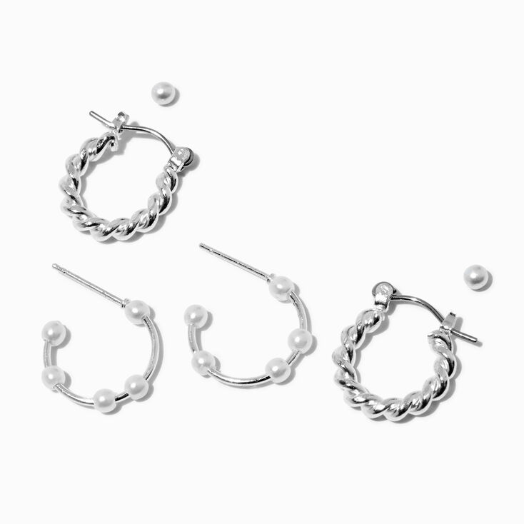 Silver-tone Twisted Pearl Hoop Earring Stack - 3 Pack,