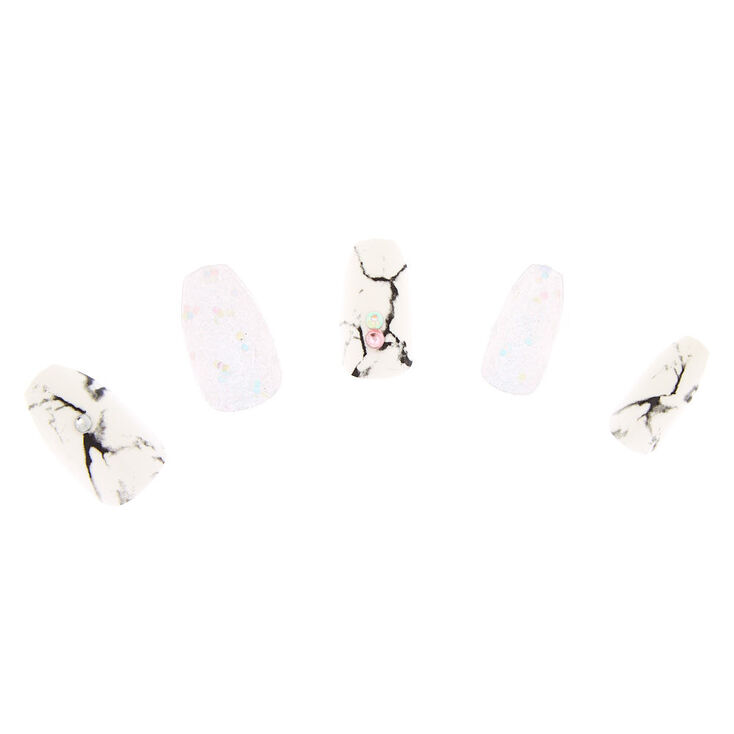 Marble Gem Faux Nail Set - White, 24 Pack,