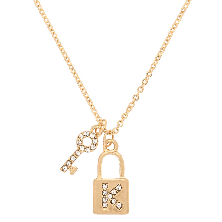 Gold Lock & Key Initial Pendant Necklace - K,