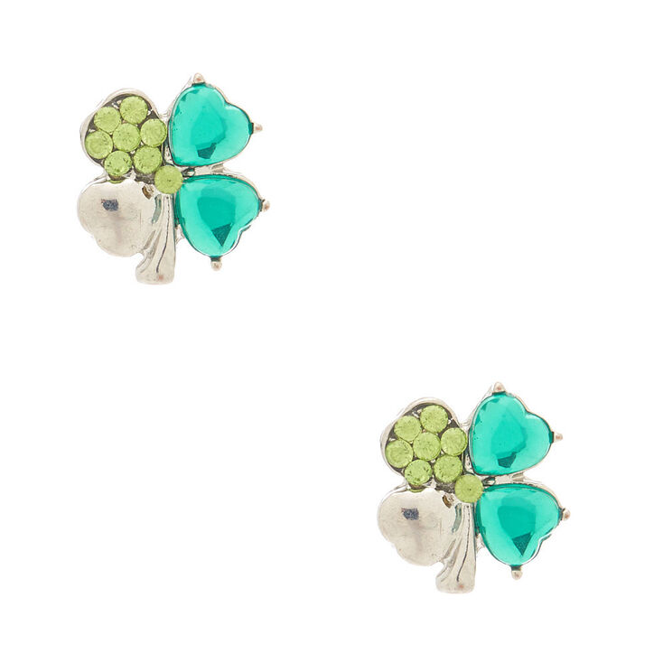 Silver Crystal Shamrock Stud Earrings - Green,