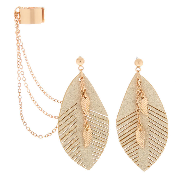 Gold Leaf Connector Earrings - Cream,
