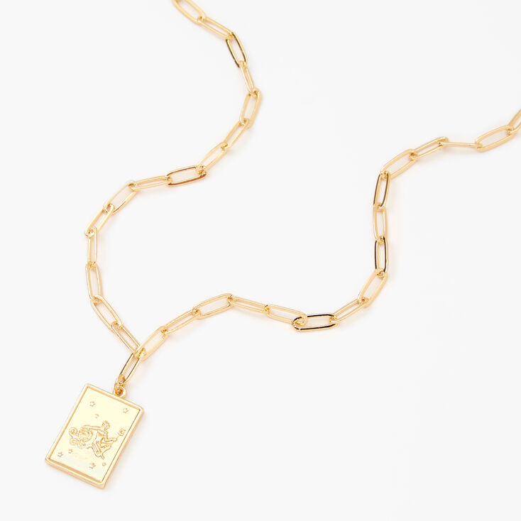 Gold Rectangle Zodiac Symbol Pendant Necklace - Aquarius,