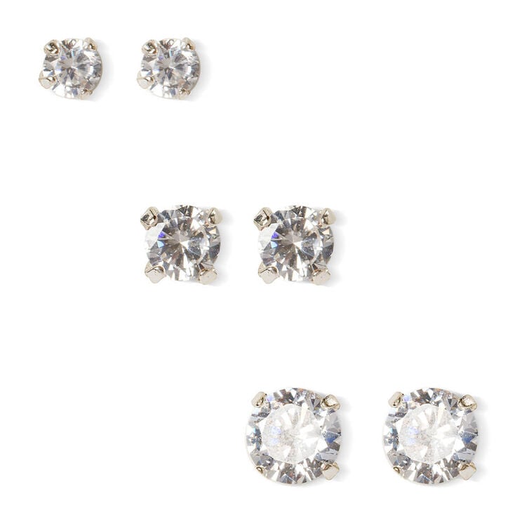 Silver Cubic Zirconia Round Stud Earrings - 6MM, 7MM, 8MM,