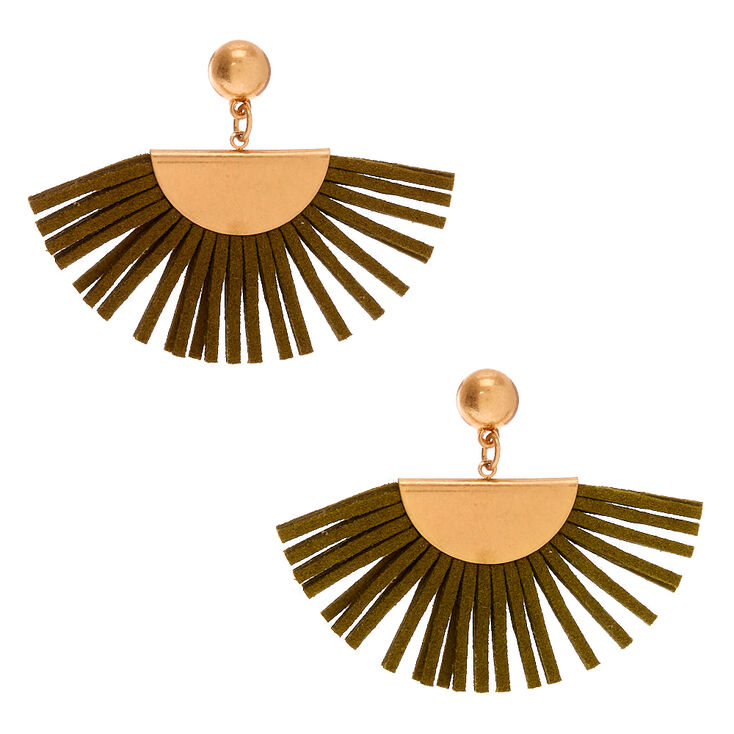 Gold 2" Tassel Fan Drop Earrings - Olive,