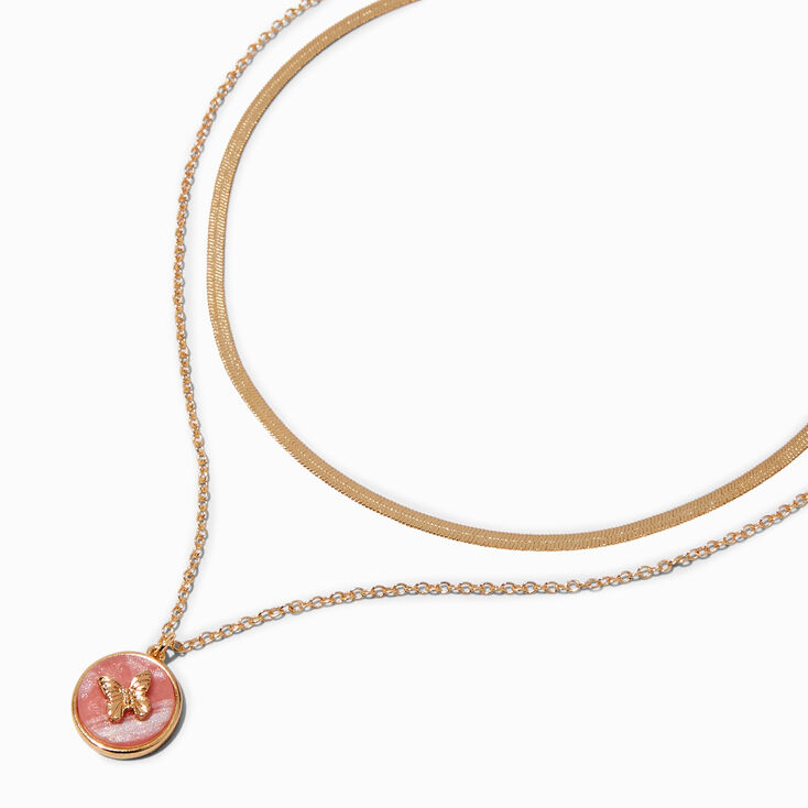 Pink Butterfly Gold-tone Multi-Strand Necklace ,