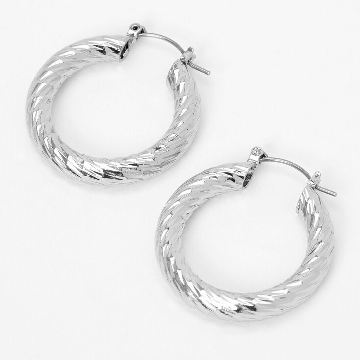 Silver 20MM Textured Hinge Hoop Earrings,