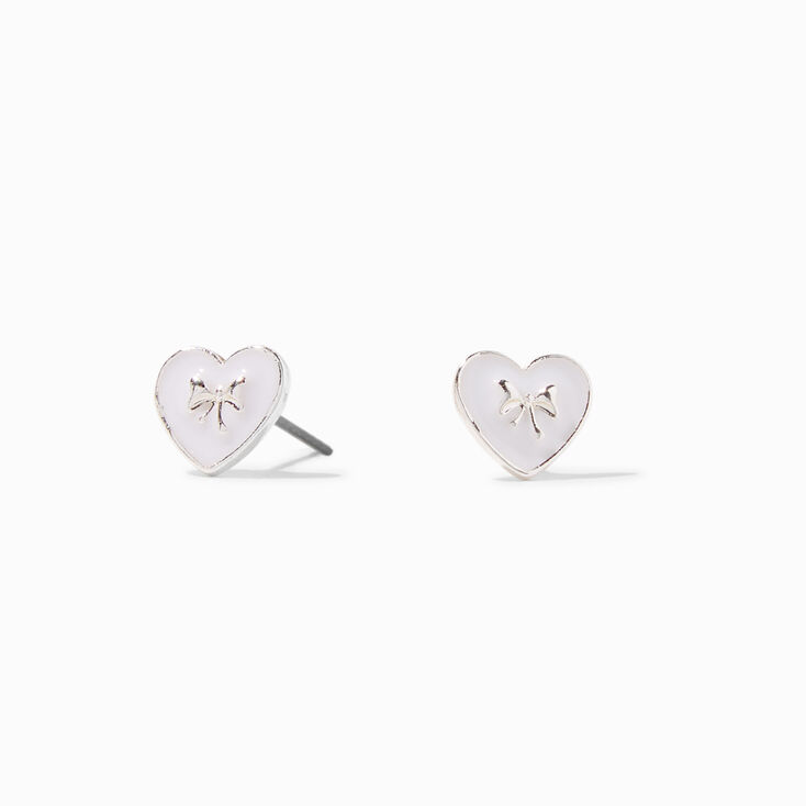 Silver Bow White Heart Stud Earrings ,