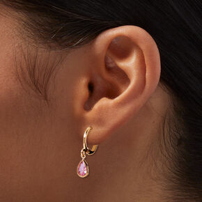 Pink Teardrop Cubic Zirconia 10MM Gold-tone Huggie Hoop Earrings,