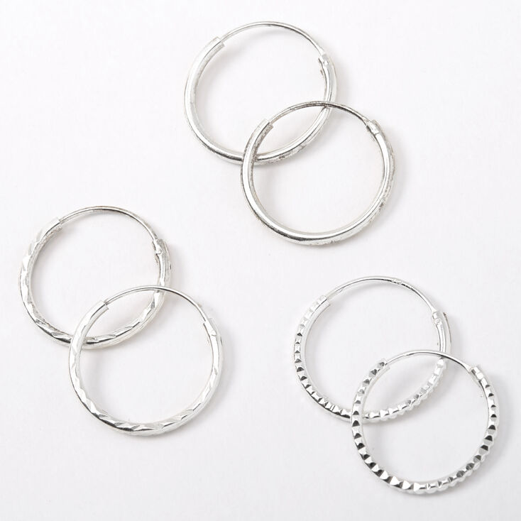 Sterling Silver 14MM Textured Hoop Earrings - 3 Pack,