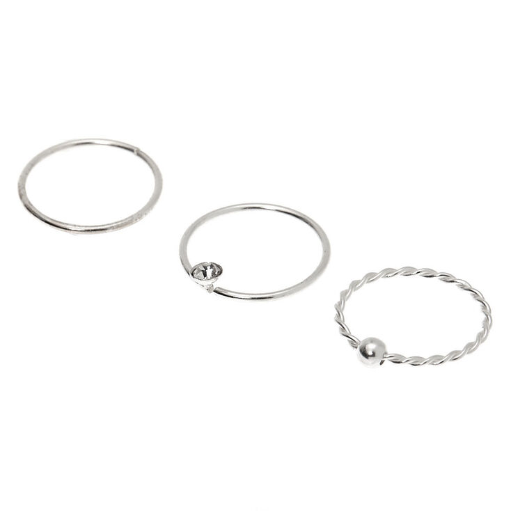 Sterling Silver 22G Crystal Twist Hoop Nose Rings - 3 Pack,