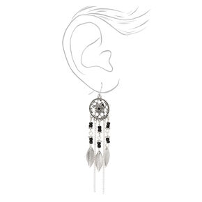 Silver 3&quot; Flower Beaded Dreamcatcher Drop Earrings,