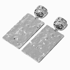 Silver-tone Hammered Rectangular 3&quot; Drop Earrings,