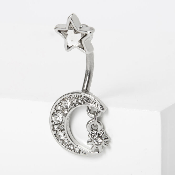 Silver 14G Embellished Crescent Moon Dangle Belly Ring,