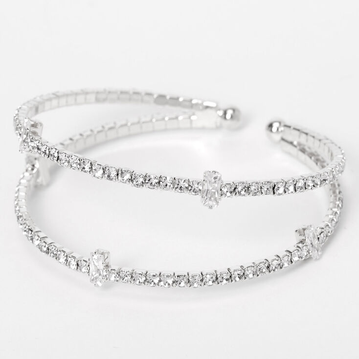 Silver Rhinestone Double Row Cuff Bracelet,