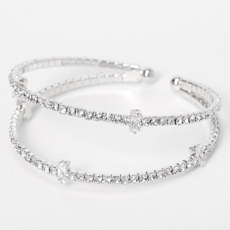 Silver Rhinestone Double Row Cuff Bracelet,