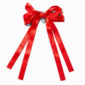 Red Satin Pearl Long Tail Bow Hair Clip,