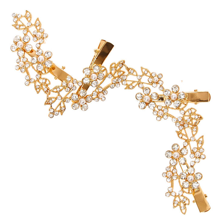 Gold Tone Faux Crystal & Pearl Flower Decorative Hair Swag,