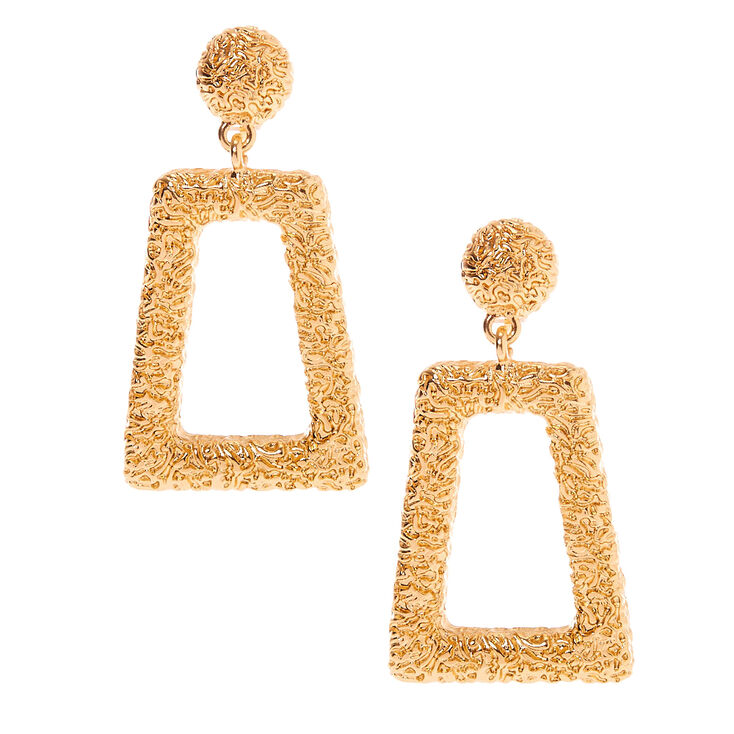 Gold 2" Rectangle Textured Clip On Drop Earrings,