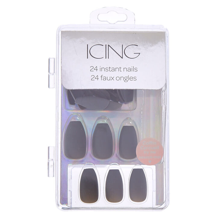 Dark Gray Matte Finish Coffin Instant Nails,
