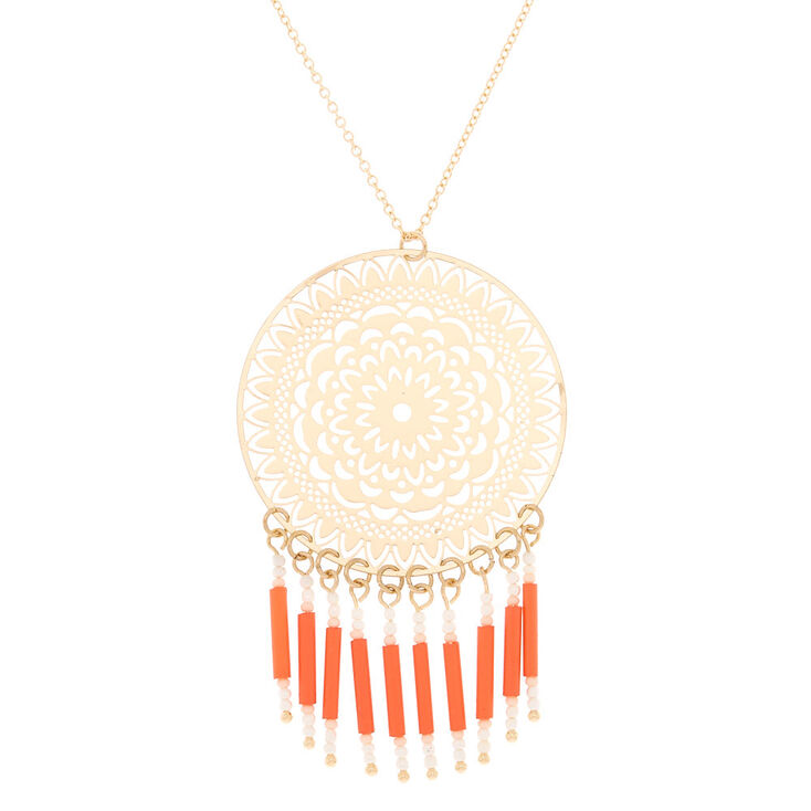 Gold Filigree Long Pendant Necklace - Coral,