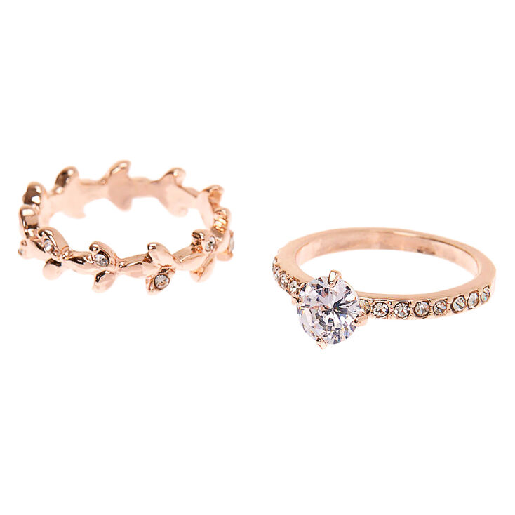 Rose Gold Cubic Zirconia Leaf Rings - 2 Pack,