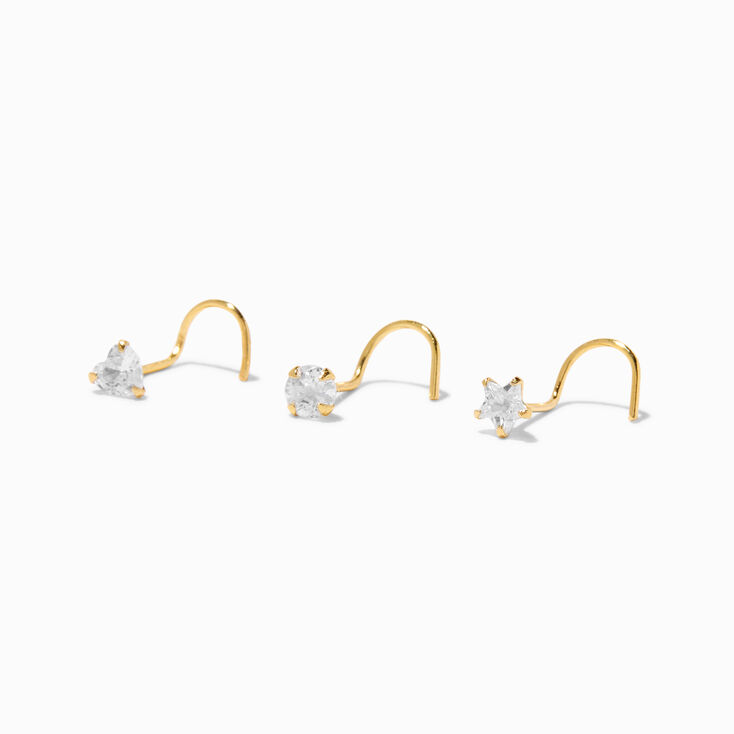 Sterling Silver Gold 22G Heart, Ball &amp; Star Nose Stud - 3 Pack,