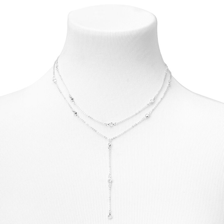 Silver Round Crystal Y-Neck Multi Strand Necklace,
