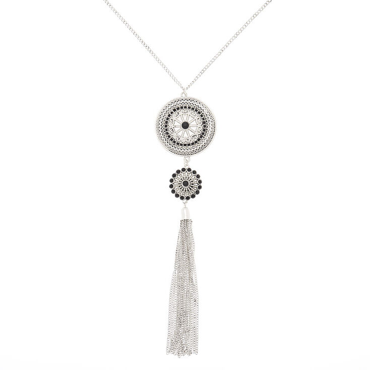 Silver Medallion Long Pendant Necklace,