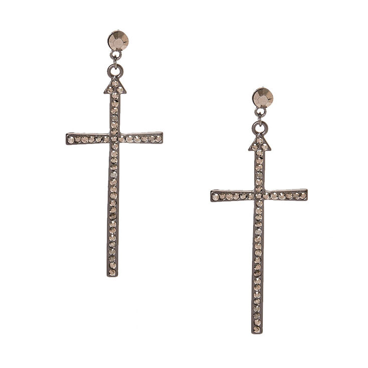Large Burnished Silver Tone Cross Drop Earrings,