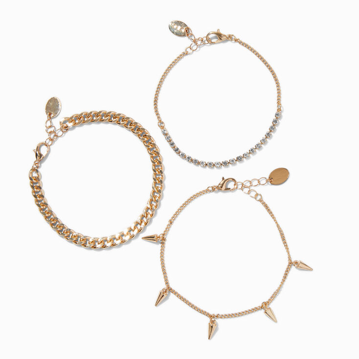 Gold-tone Crystal Cup Chain Spike Bracelets - 3 Pack,