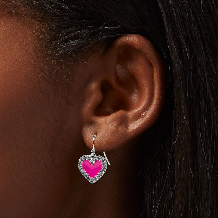 Hot Pink Heart Silver 0.5&quot; Drop Earrings,