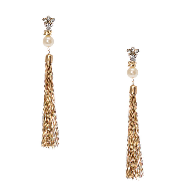 Crystal Cer Faux White Pearl Gold Chain Tel Drop Earrings Crystal Cer Faux White Pearl Gold Chain Tel Drop Earrings